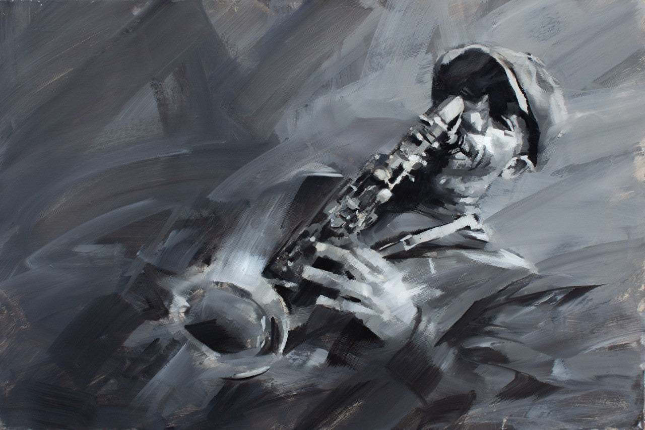 Jamel Akib jazz-themed monochrome oil painting of flat-capped male saxophonist with luscious bravura brushstrokes