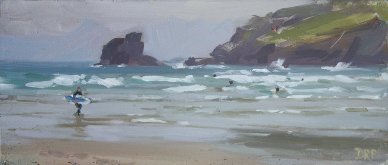 Surfers at Porthcothan Bay, by David Pilgrim ROI - P E T E R     B A R K E R     F I N E     A R T 