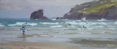 Surfers at Porthcothan Bay, by David Pilgrim ROI - P E T E R     B A R K E R     F I N E     A R T 
