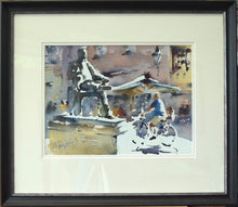 Load image into Gallery viewer, Watercolour of Puccini&#39;s statue by Trevor Lingard with double mount and black frame moulding
