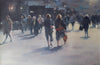Acrylic painting by Carl Knibb loosely executed brushwork showing street scene with pedestrians haloed in intense light 