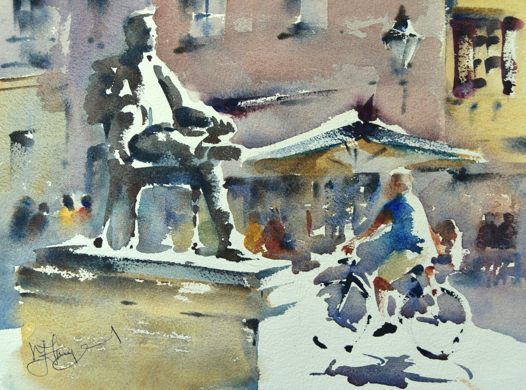 Watercolour of Puccini's statue by Trevor Lingard with lots of negative shapes describing the form