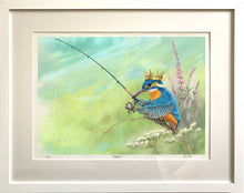 Load image into Gallery viewer, Digital painting of a Kingfisher wearing a gold crown, holding a fishing rod, framed with a white frame moulding and white mount with glass
