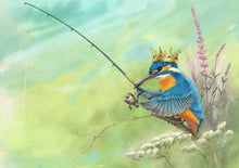 Load image into Gallery viewer, Digital painting depicting a Kingfisher perched on a branch surrounded by waterside plants, with a gold crown on its head, holding a fishing rod.
