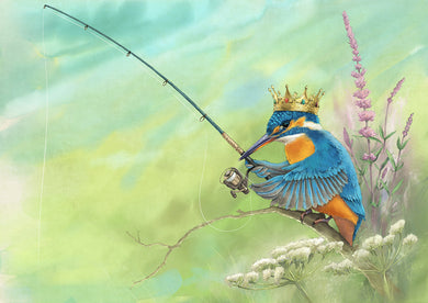 Digital painting depicting a Kingfisher perched on a branch surrounded by waterside plants, with a gold crown on its head, holding a fishing rod.