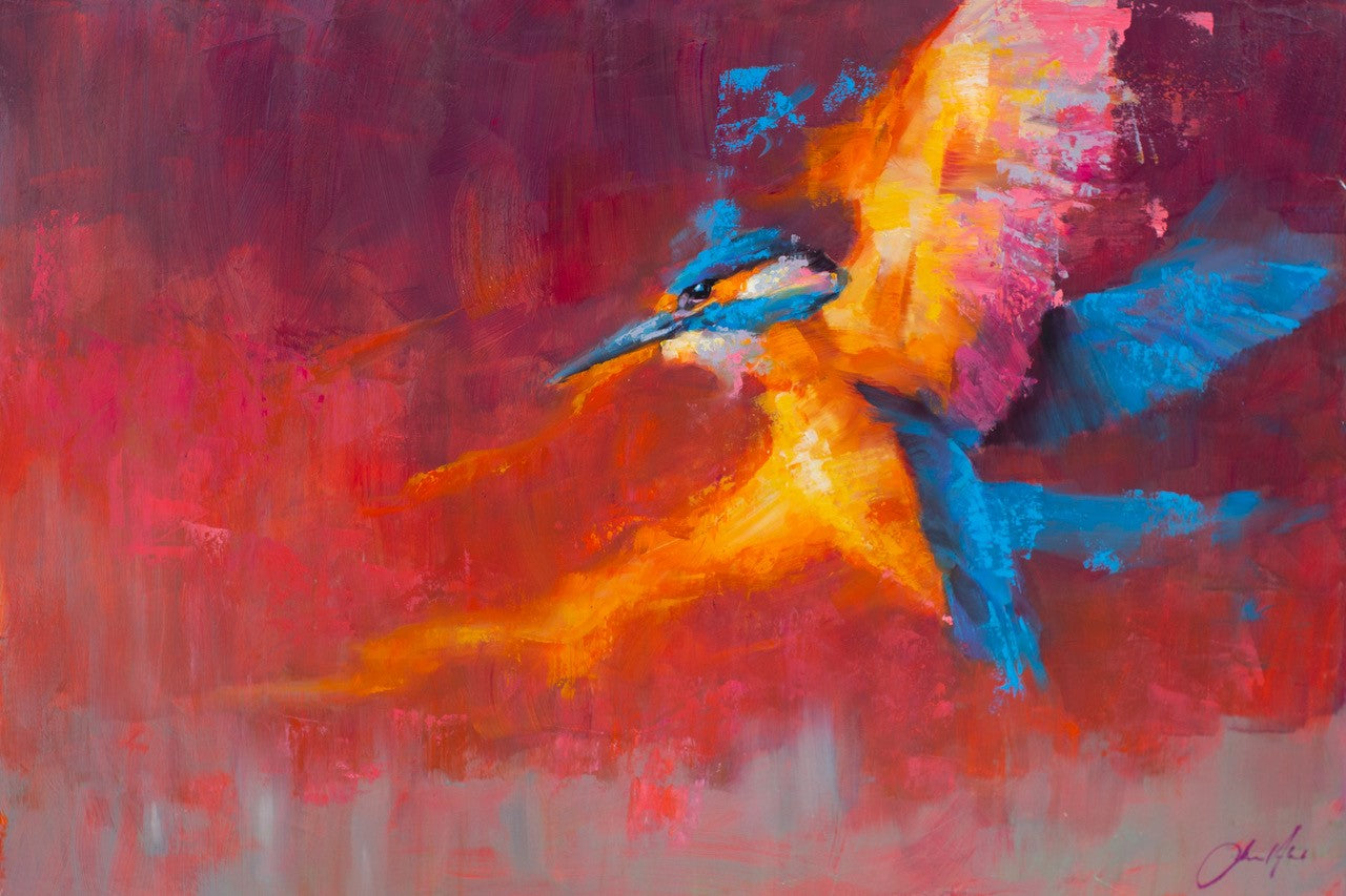 Oil painting of a Kingfisher by Jamel Akib with very vibrant complementary oranges and blues, which make the piece really pop