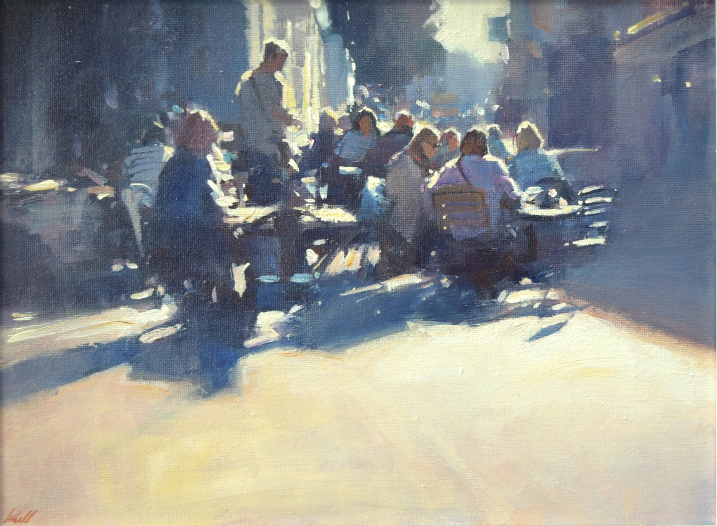 9 x 12 inch acrylic painting by Carl Knibb, depicting lots of people outside a street cafe, sitting on tables, enjoying a chat over lunch, again looking into the sunlight, with strong, blue shadows cast on the pavement around them.