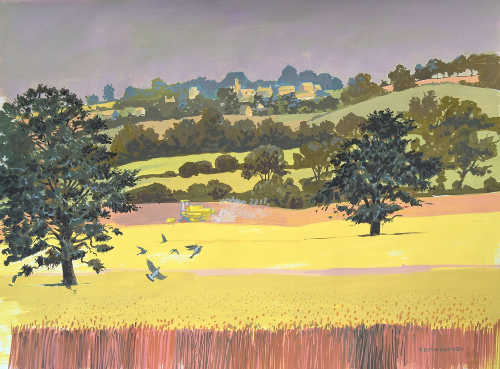 Mixed medium painting by Keith Hensby of Lyndon Rutland showing corn field and landscape backdrop.