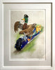 Digital painting of a Mallard driving the famous train of the same name, in its white frame 