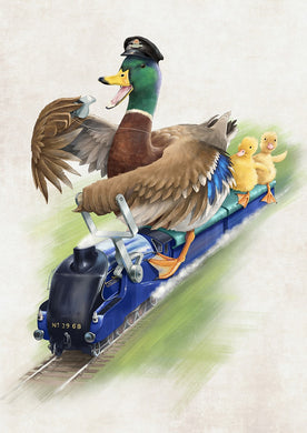 Digital painting of a Mallard driving the famous train of the same name, beak open ready to blow the whistle around its neck 