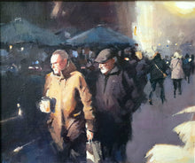 Load image into Gallery viewer, A 10 x 12 inch acrylic painting, depicting a busy market place, with two figures in the foreground, sunlight on them, one holding a coffee, showing whitewashed frame
