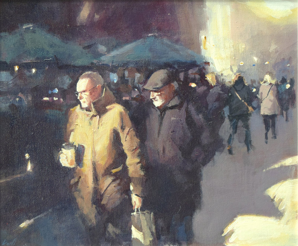 A 10 x 12 inch acrylic painting, depicting a busy market place, with two figures in the foreground, sunlight on them, one holding a coffee.