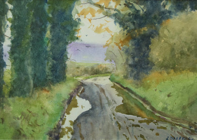 Watercolour painting by Robert Bashford showing a rainy Marlston with Bashford's trademark puddles in a muddy lane.