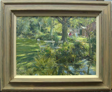 Load image into Gallery viewer, Oil painting by David Curtis ROI RSMA of his son, Matthew reading with dappled light through trees.
