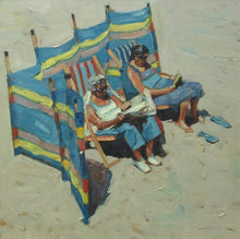 Load image into Gallery viewer, Oil painting of two older ladies on the beach behind a colourful windbreak, on deck chairs, reading, enjoying some me time!
