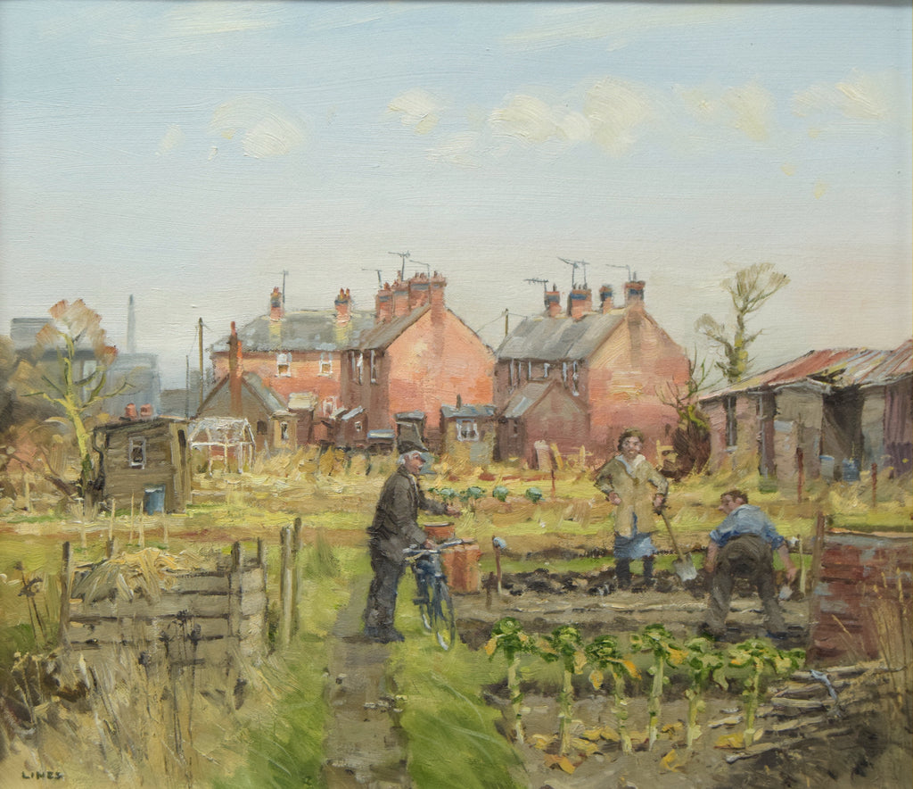 Allotment oil painting by John Lines, houses behind, man on bike offering some advice to friend, while his wife looks on.