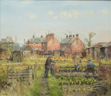 Load image into Gallery viewer, Allotment oil painting by John Lines, houses behind, man on bike offering some advice to friend, while his wife looks on.
