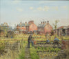 Allotment oil painting by John Lines, houses behind, man on bike offering some advice to friend, while his wife looks on.