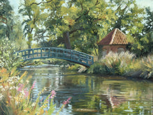Load image into Gallery viewer, A 9 x 12 inch oil painting of a Monet-type arched footbridge over the pond at Doddington Hall, with a brick turreted building on the right bank, lots of reflections in the water
