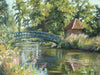 A 9 x 12 inch oil painting of a Monet-type arched footbridge over the pond at Doddington Hall, with a brick turreted building on the right bank, lots of reflections in the water