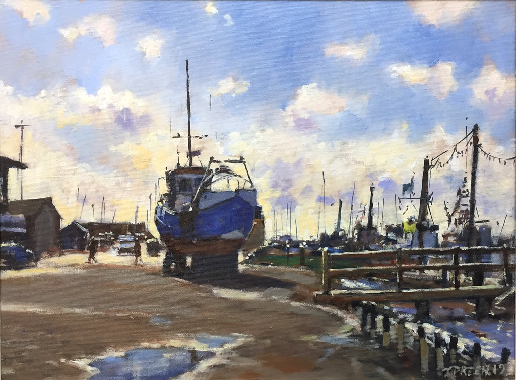 Oil painting by Terry Preen, painted at Southwold harbour featuring boats. Size: 12 x 16 ins, Framed Size 17.5 x 21.5 ins