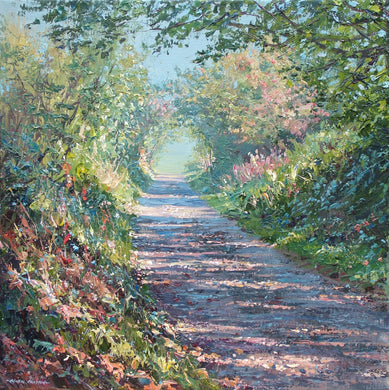 Acrylic painting by Mark Preston of Ashleyhay Derby with sunlit and shadowy lane in boxed white floating frame.