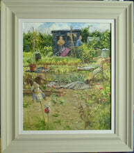 Load image into Gallery viewer, Allotment painting with light stone-coloured frame and white slip
