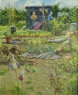 Oil painting by John Lines of allotment with old couple top right by the shed. Lots of allotment stuff in fore and mid-ground