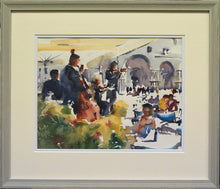 Load image into Gallery viewer, Watercolour by Trevor Lingard of cafe scene, framed with a grey moulding with double mount and non-glare art glass.
