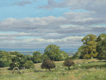 Load image into Gallery viewer, A 9 x 12 inch oil painting from near Snowshill in the Cotswolds, looking over the valley towards Broadway in the distance, with a natural arch on the left mid-ground, made from a collapsed dead tree.
