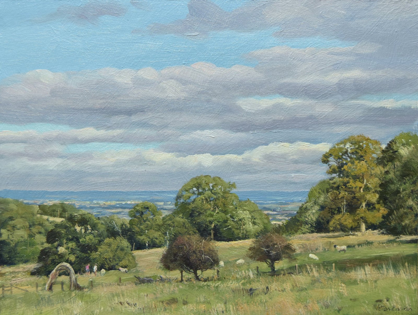 A 9 x 12 inch oil painting from near Snowshill in the Cotswolds, looking over the valley towards Broadway in the distance, with a natural arch on the left mid-ground, made from a collapsed dead tree.