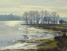 Load image into Gallery viewer, Oil painting of North Shore of Rutland Water, looking into the winter sunlight, by Peter Barker, painting size 9 x 12 ins
