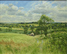 Load image into Gallery viewer, John Lines Northamptonshire Summer green landscape with barn in mid-distance, oil painting for sale
