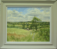 Load image into Gallery viewer, John Lines Northamptonshire Summer green landscape oil painting for sale, with stone-coloured frame with white slip

