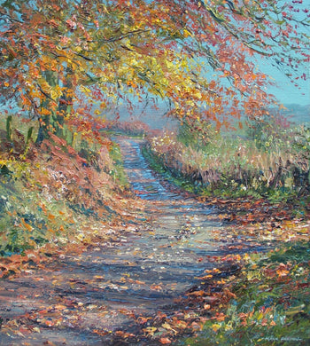 Acrylic landscape for sale by Mark Preston, of Gunhills in South Yorkshire, with bright blue sky and lots of autumn leaves.