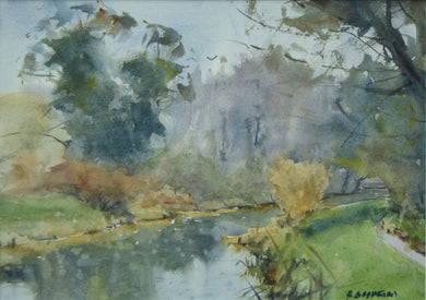 Watercolour landscape of rain on a river, by Robert Bashford for sale. Painting Size: 9.5x12 ins, framed size: 17x20 ins