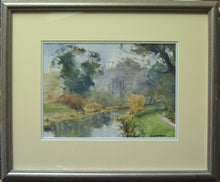 Load image into Gallery viewer, Watercolour landscape of rain on a river, by Robert Bashford for sale with double cream mount and bronze frame moulding
