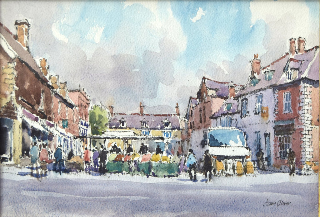 Classic watercolour of the iconic view of Oakham Market place by Alan Oliver. Image Size 10 x 14 ins Mounted Size 16 x 20 ins