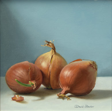 10 x 10 inch Oil on Linen Canvas painting, with three onions on a white cloth, light source from the left, with a light blue background, beautifully painted in infinite detail.