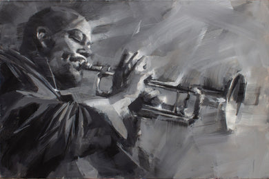 Monochrome oil painting by Jamel Akib of a black musician playing trumpet with loose, bravura brushtrokes depicting movement.