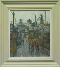 Load image into Gallery viewer, Oil painting by John Lines RSMA with twoworkmenon way to work with newspapers in gritty northern town framed in light frame with light slip
