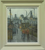Oil painting by John Lines RSMA with twoworkmenon way to work with newspapers in gritty northern town framed in light frame with light slip