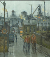 Load image into Gallery viewer, Quirky humorous oil painting by John Lines RSMA with twoworkmenon way to work with newspapers in gritty northern town with frame
