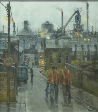 Quirky humorous oil painting by John Lines RSMA with twoworkmenon way to work with newspapers in gritty northern town with frame