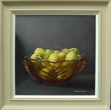 Load image into Gallery viewer, 16 x 16 inch Oil on Linen Canvas, of a rust-hued glass bowl of pears, light cource from the upper left, with a dark background. Classically painted, very realistic, with a neutral-coloured frame and white slip.
