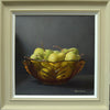 16 x 16 inch Oil on Linen Canvas, of a rust-hued glass bowl of pears, light cource from the upper left, with a dark background. Classically painted, very realistic, with a neutral-coloured frame and white slip.