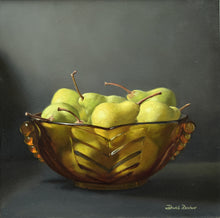 Load image into Gallery viewer, 16 x 16 inch Oil on Linen Canvas, of a rust-hued glass bowl of pears, light cource from the upper left, with a dark background. Classically painted, very realistic.
