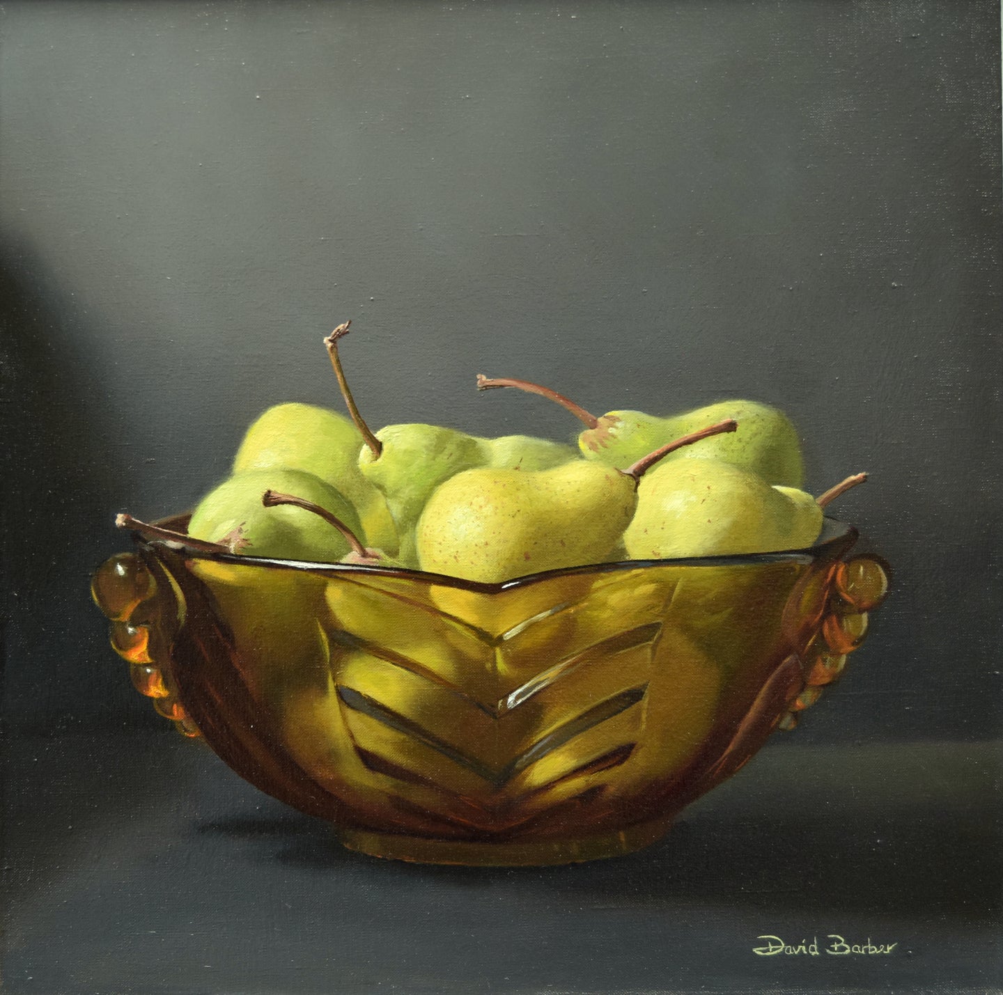 16 x 16 inch Oil on Linen Canvas, of a rust-hued glass bowl of pears, light cource from the upper left, with a dark background. Classically painted, very realistic.