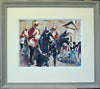 Watercolour painting by Trevor Lingard of guards on horseback with grey frame and double mount and non-reflective glass