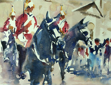 Load image into Gallery viewer, Watercolour painting by Trevor Lingard of guards on horseback
